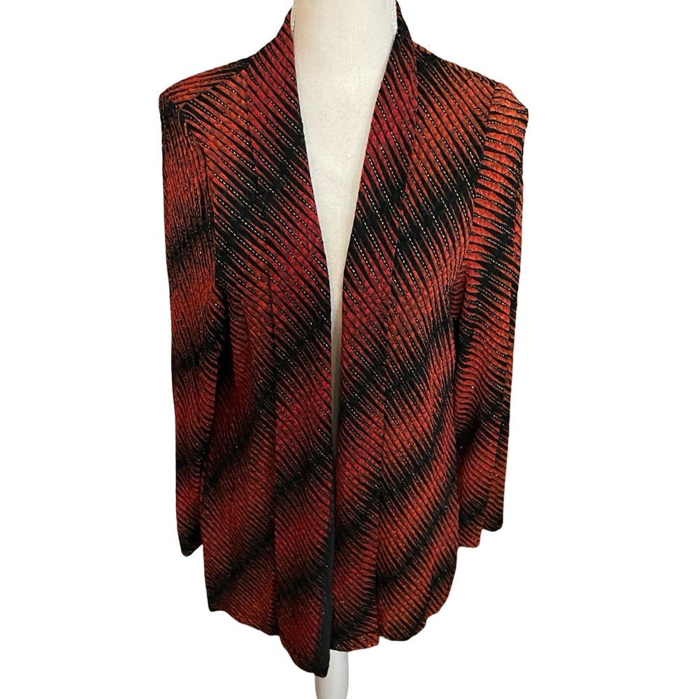 TanJay red orange black Jacket LARGE open front metallic gold stripes spandex - Picture 5 of 16